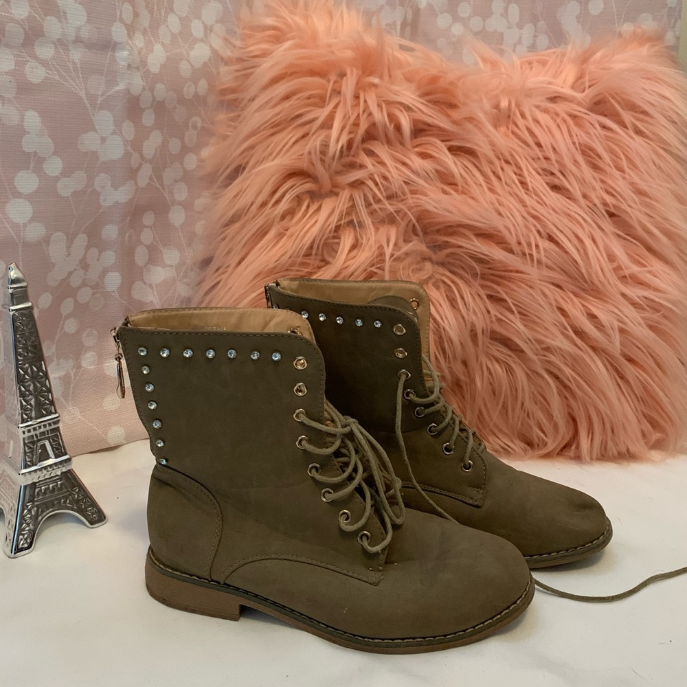 Tan Combat Boots w/ Rhinestones